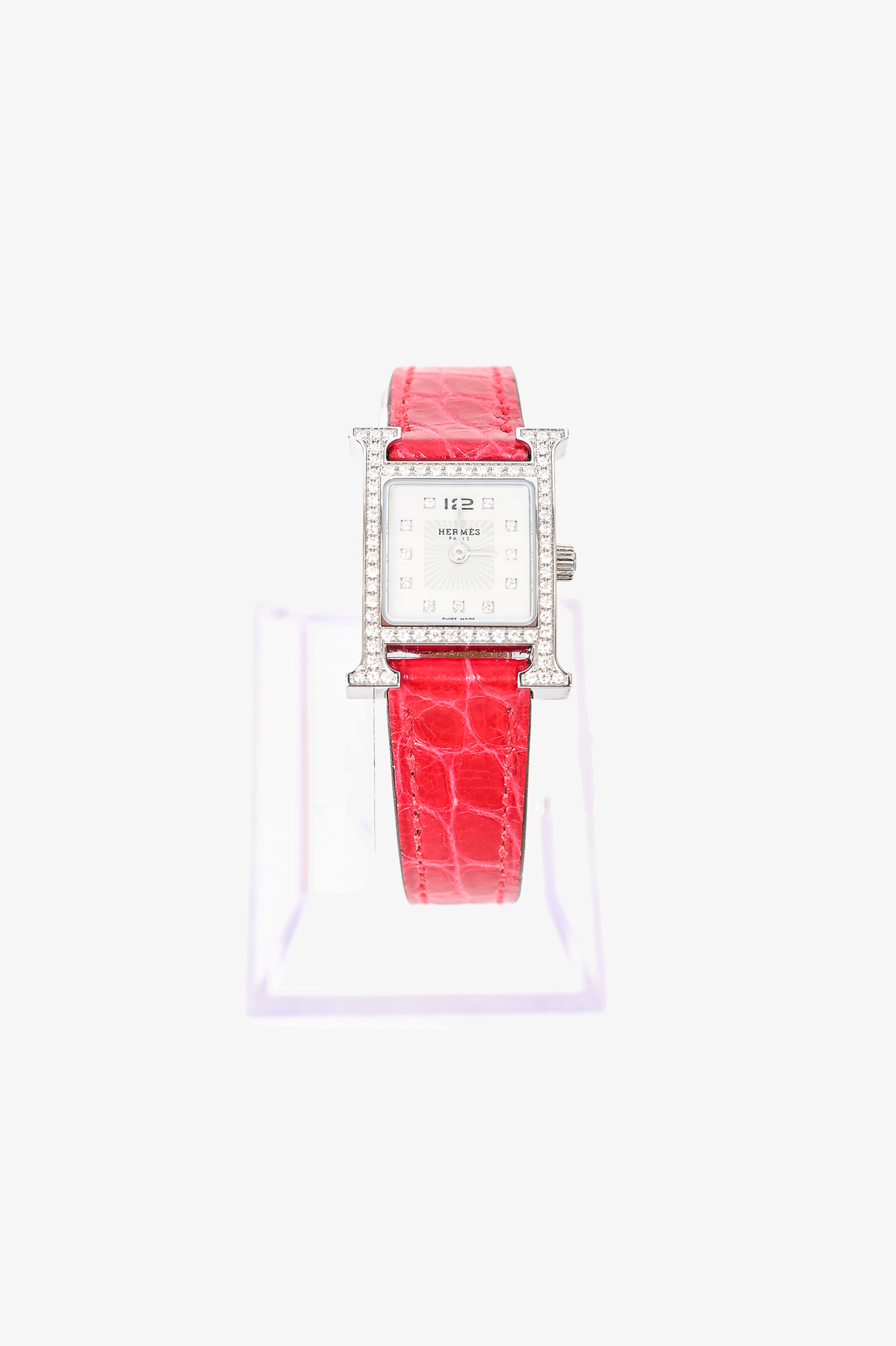 Hermes Stainless Steel Diamond Bezel Mini H Heure 21mm Watch w/ Magenta Alligator Strap