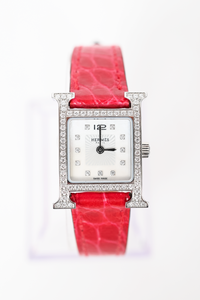 Hermes Stainless Steel Diamond Bezel Mini H Heure 21mm Watch w/ Magenta Alligator Strap