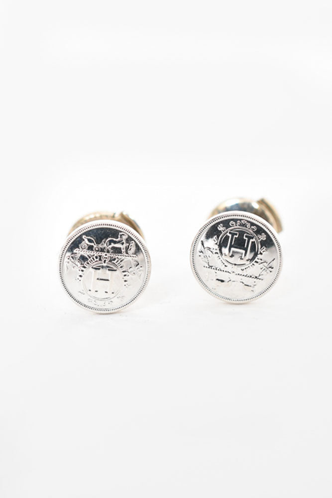 Hermes Silver Ex-Libris Stud Earrings (Very Small Model)