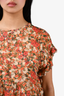 Isabel Marant Red and Beige Floral Silk Blend Flutter Sleeve Top Size 38