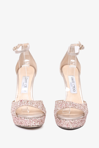 Jimmy Choo Pink Glitter Platform Pattie 130 Heeled Sandals Size