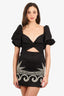 Johanna Ortiz Black/White Embroidered Short-Sleeve Cutout Mini Dress Size Small