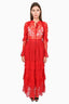 Just Cavalli Red Sheer Lace Maxi Tiered Dress Size 40