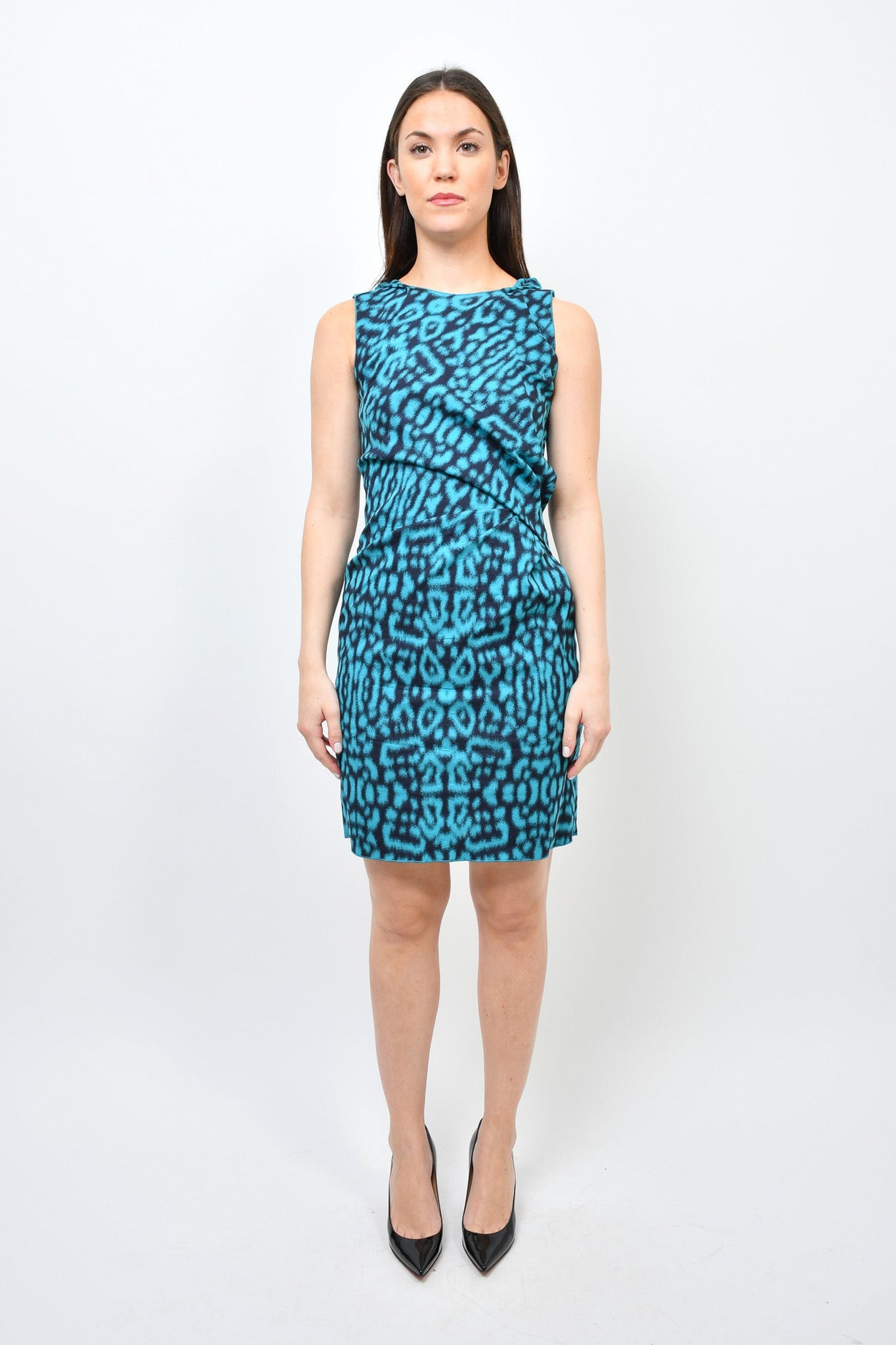 Lanvin Blue/Black Printed Sleeveless Dress w/ Ruched Side Detail sz s