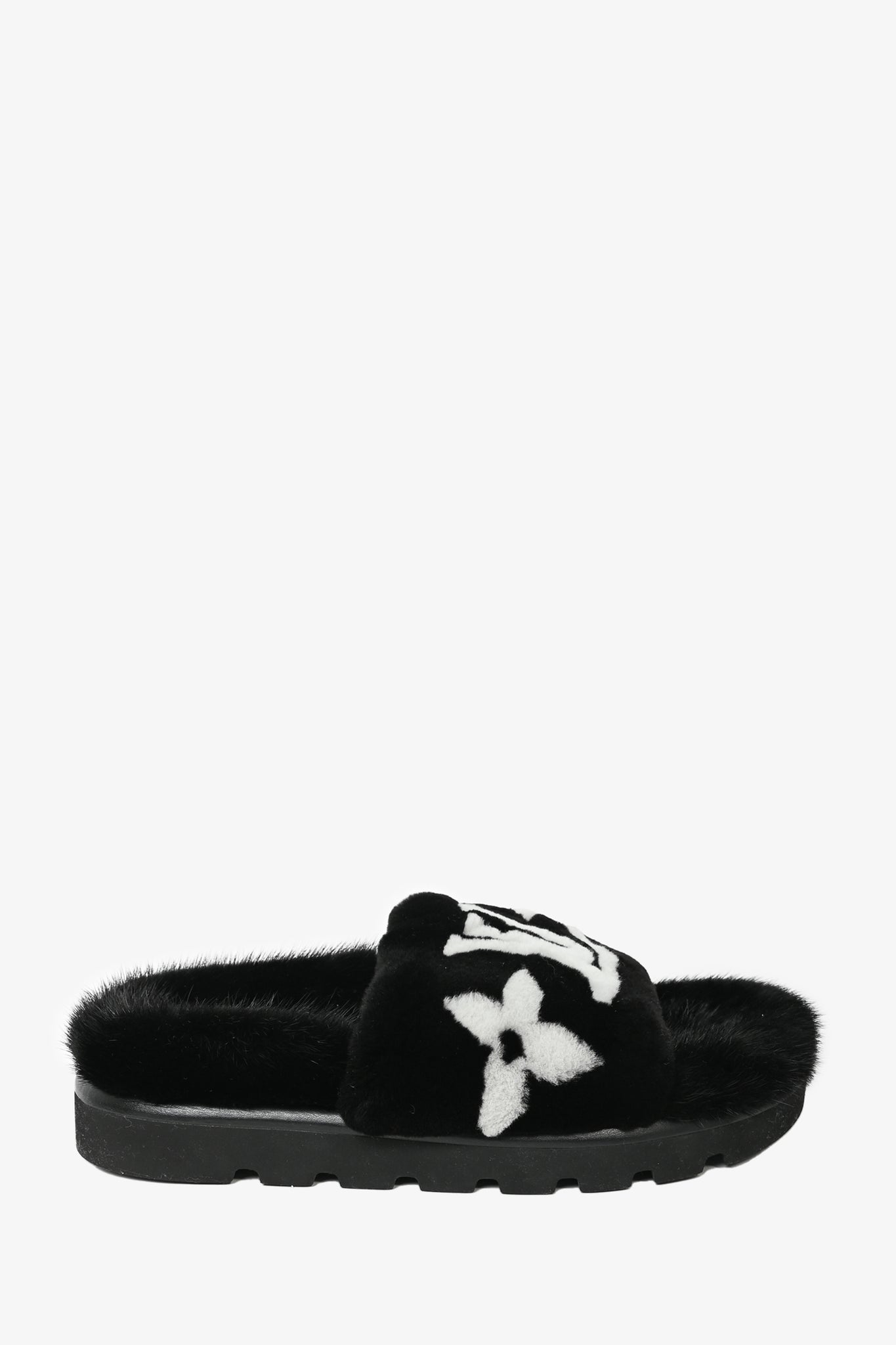 Louis Vuitton Black Fur Monogram Slides Size 38 – Mine & Yours