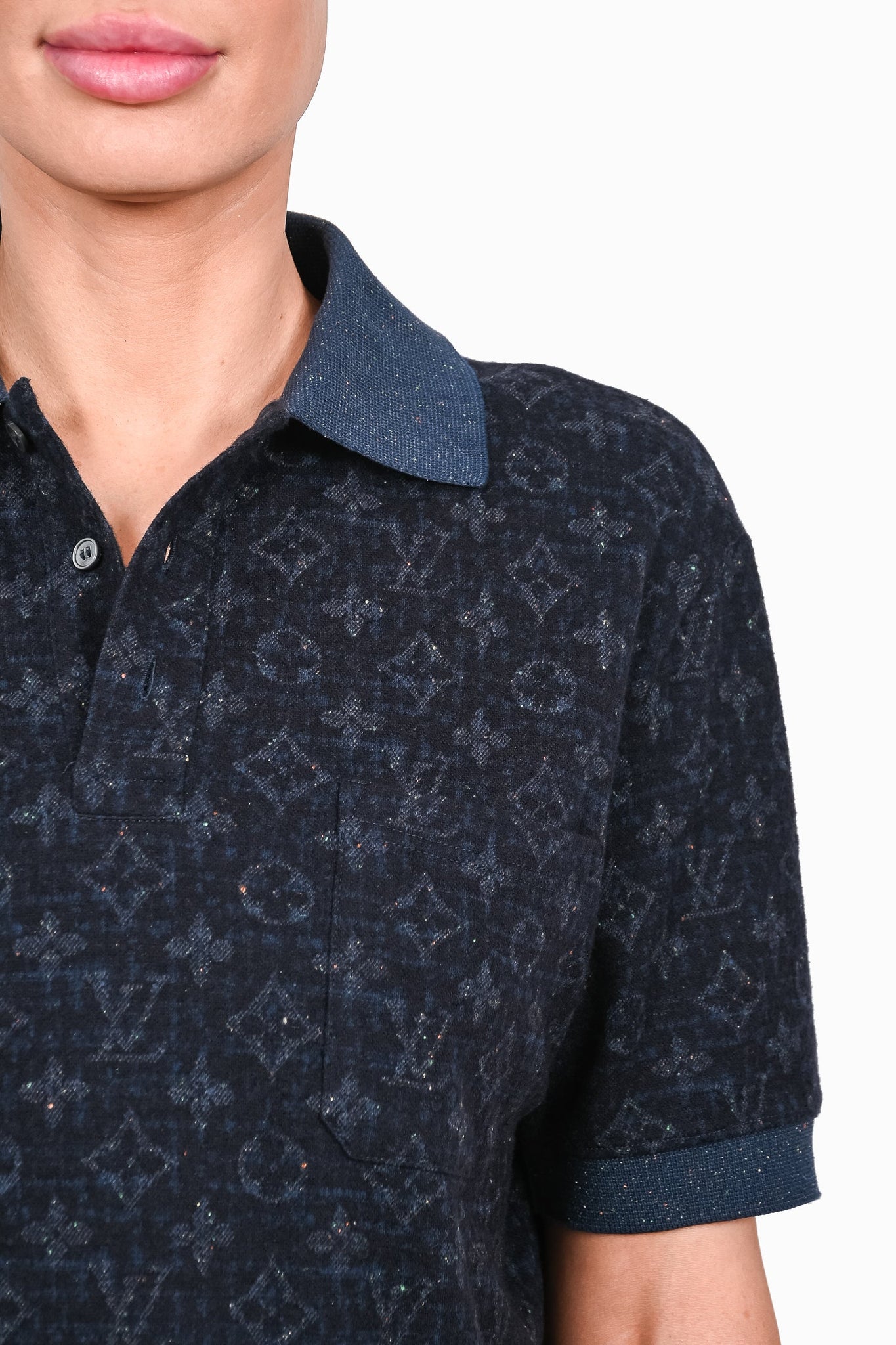 Louis Vuitton Navy Blue Monogram Wool/Silk/Cotton S/S Polo Top sz L Mens