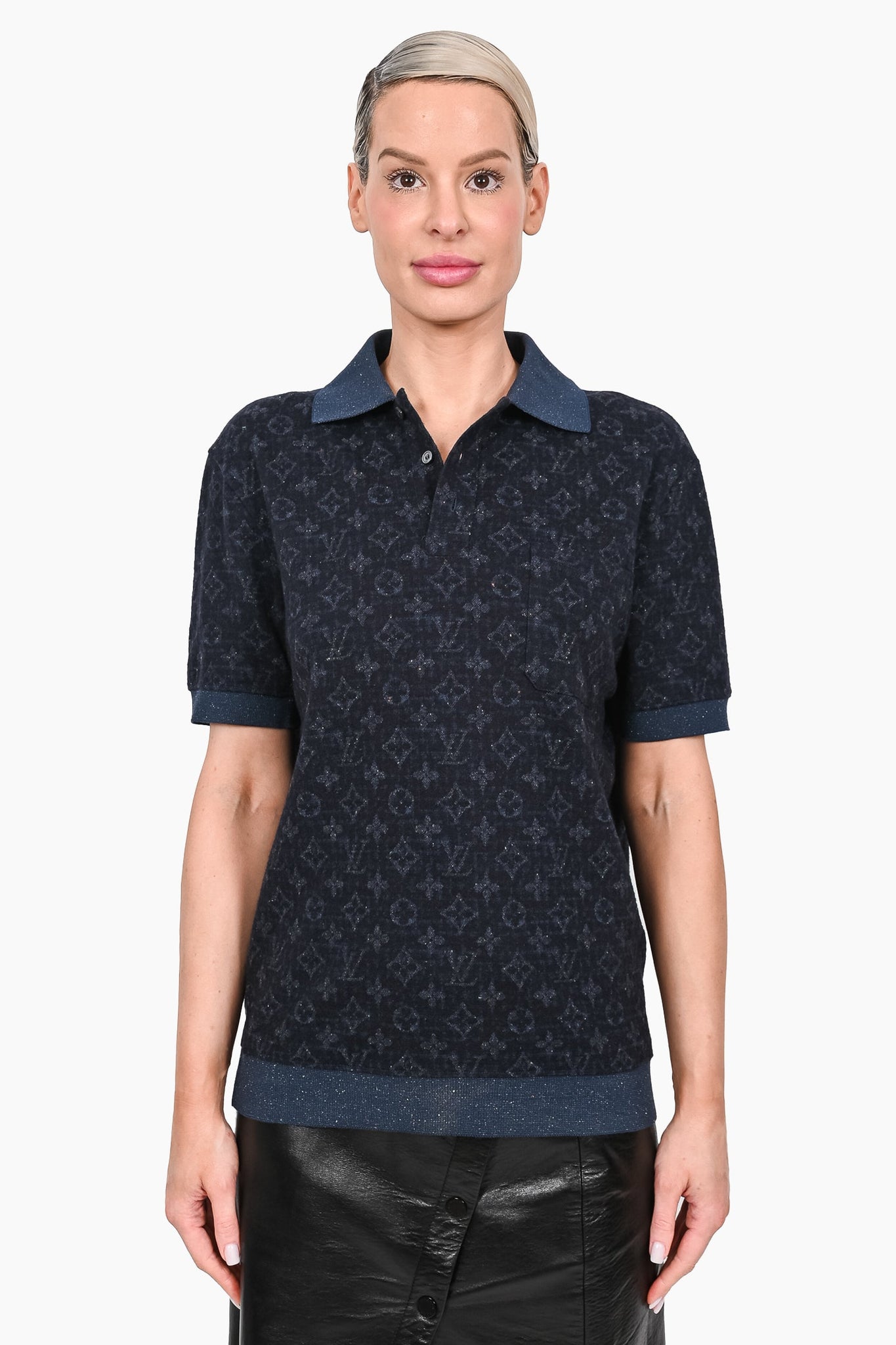 Louis Vuitton Navy Blue Monogram Wool/Silk/Cotton S/S Polo Top sz L Mens