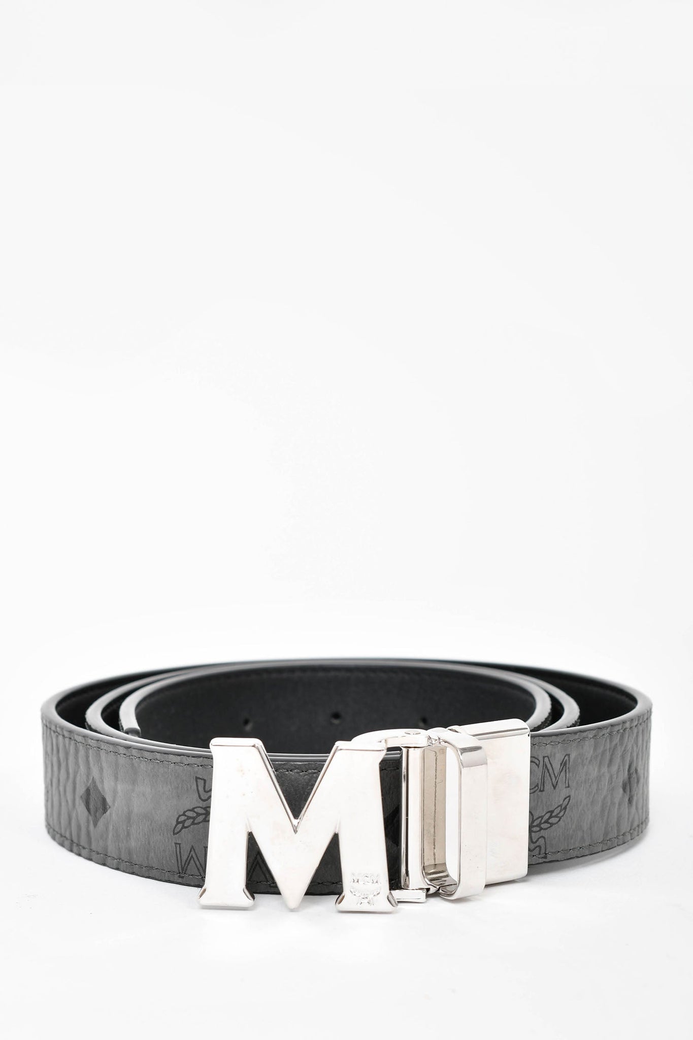 MCM Dark Grey Logo Leather M Buckle Belt