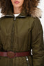 Authier Green Down Coat with Brown Leather Belt Waist Size 42