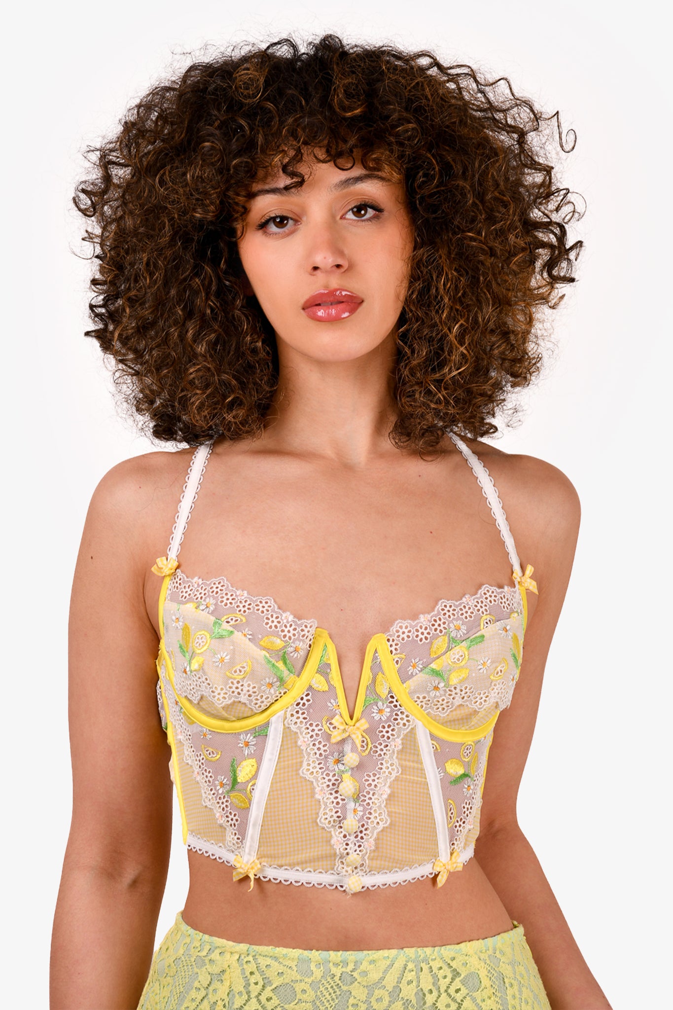 For Love & Lemons Yellow/White Lace Embroidered Corset Bra Size S – Mine &  Yours