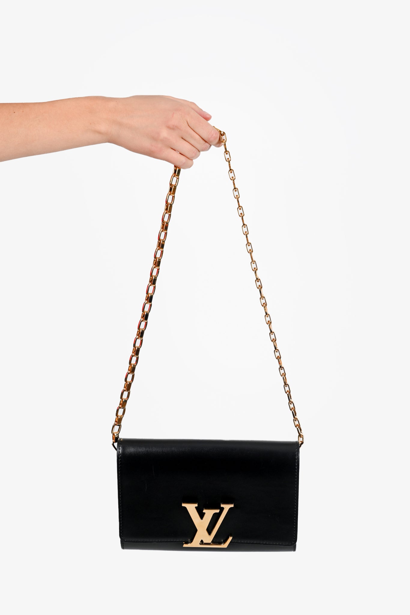 Louis Vuitton Black Smooth Leather 'Louise' Clutch with Gold Chain – Mine &  Yours