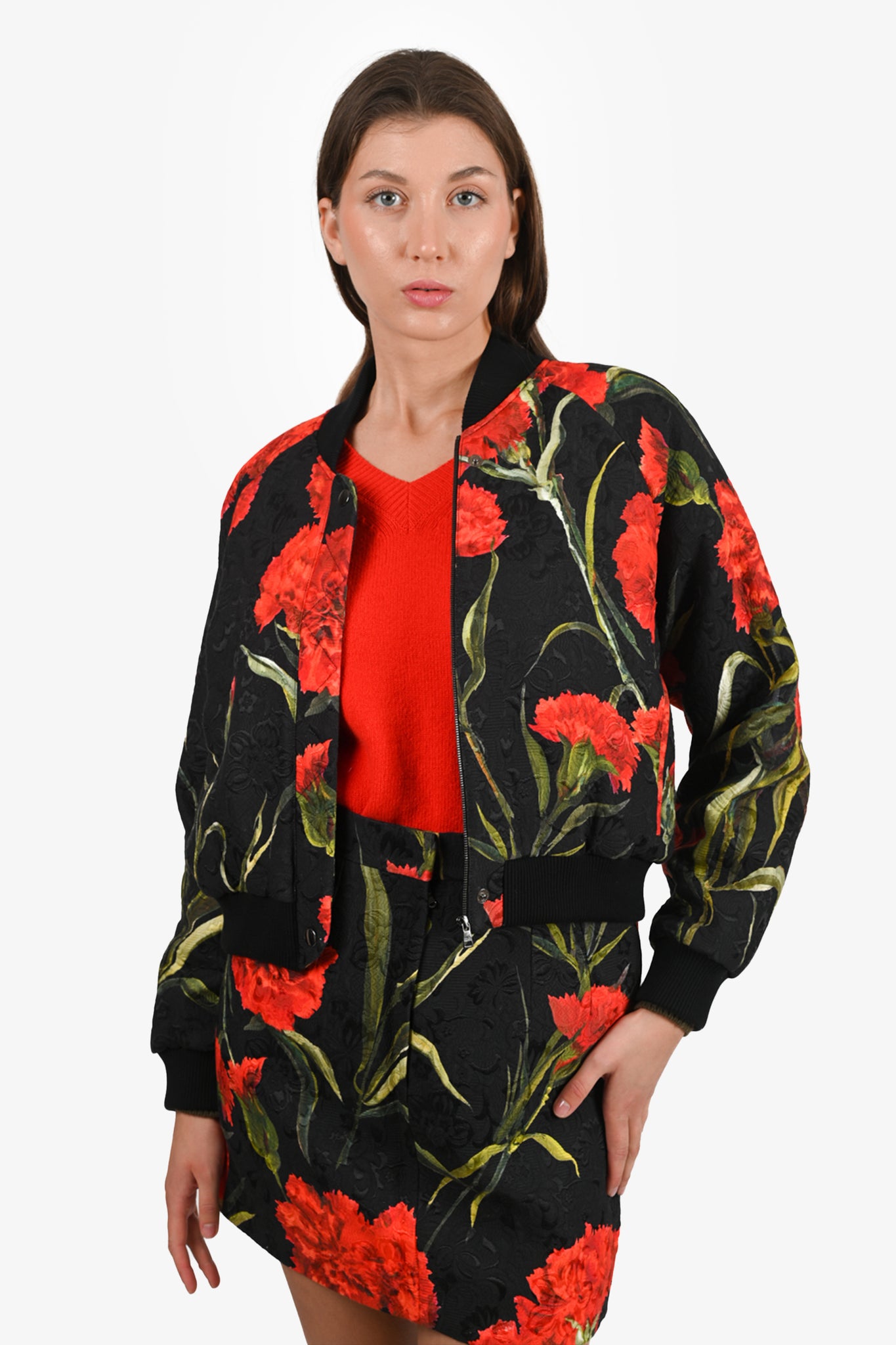 Dolce & Gabbana Black/Red Floral Print Bomber Jacket Size 42