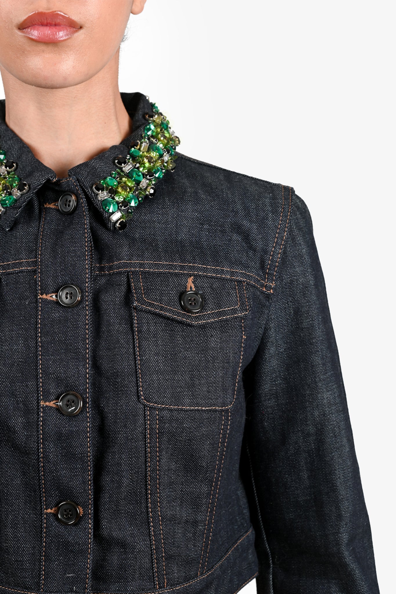 Miu Miu Dark Wash Denim Green Crystal Collar Cropped Jacket Size 42