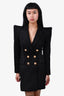 Balmain Black Padded Shoulder Gold Button Blazer Dress Size 36
