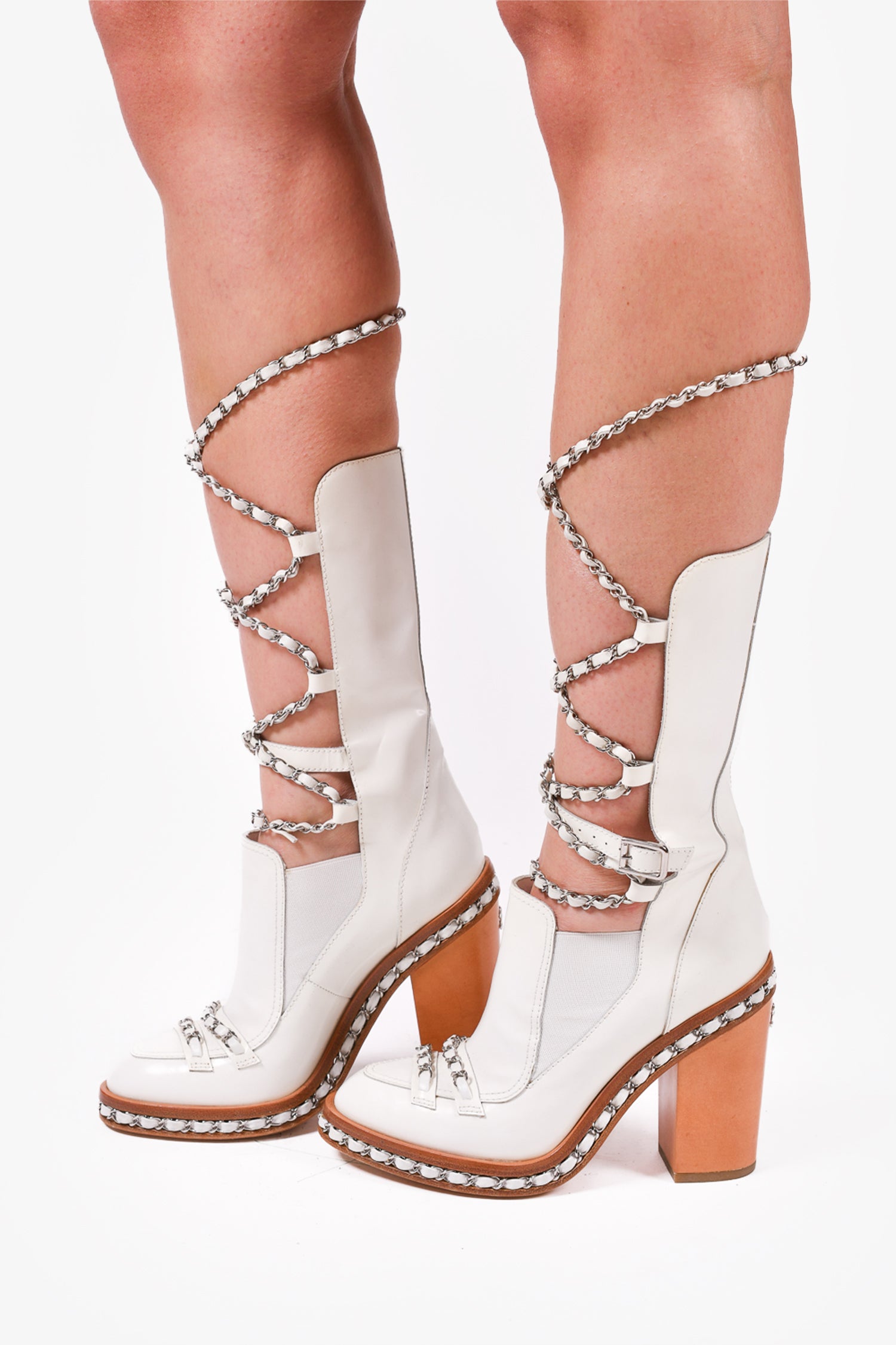 Chanel 2013 White Patent Leather Chain Obsession Heeled Calf Boots Siz –  Mine & Yours