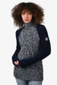 Moncler Navy Blue/White Cable Knit Turtleneck Sweater with Mohair Sleeves Size S