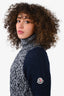 Moncler Navy Blue/White Cable Knit Turtleneck Sweater with Mohair Sleeves Size S