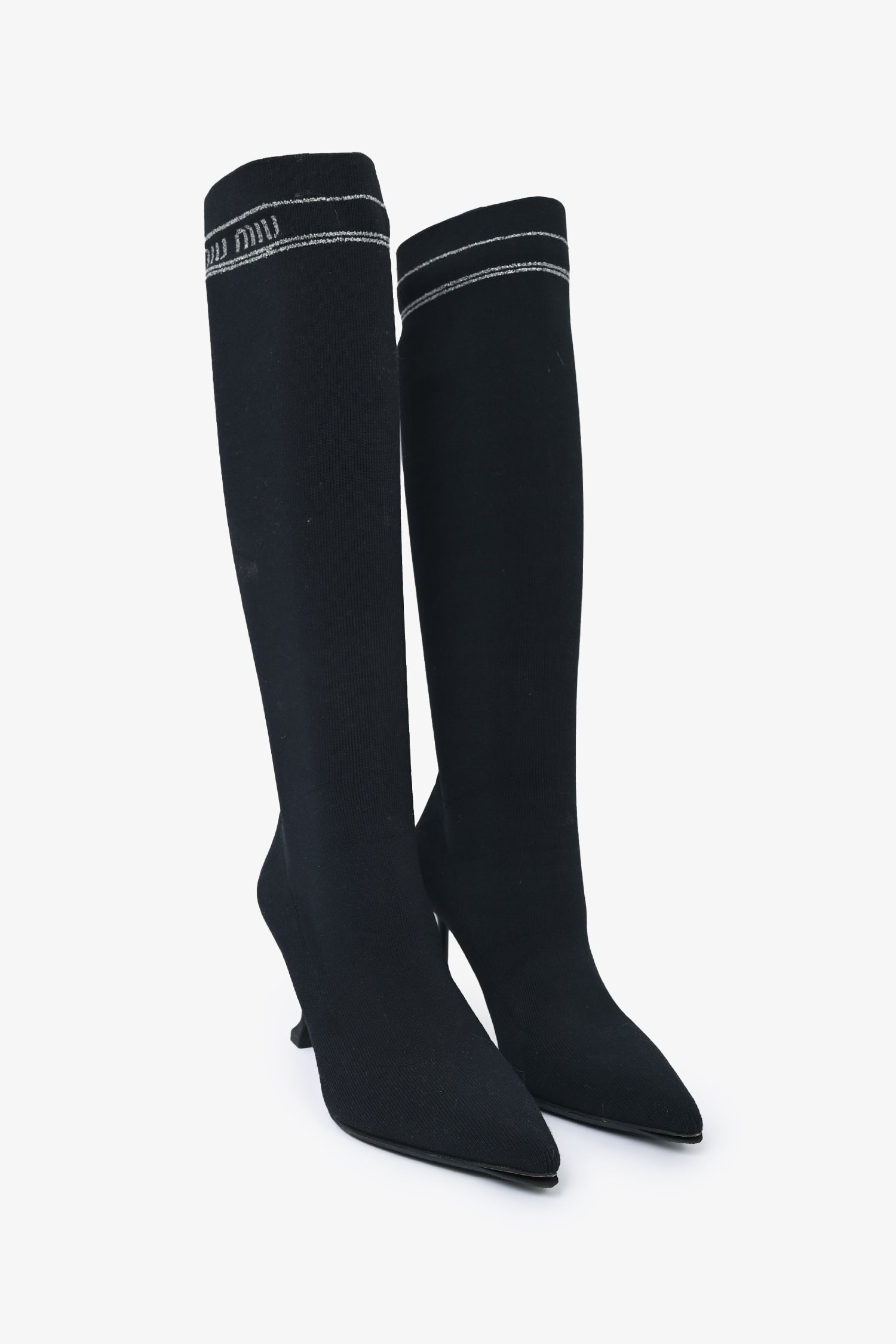Miu Miu Black Stretch Knit Knee High Heeled Boots Size 36 – Mine