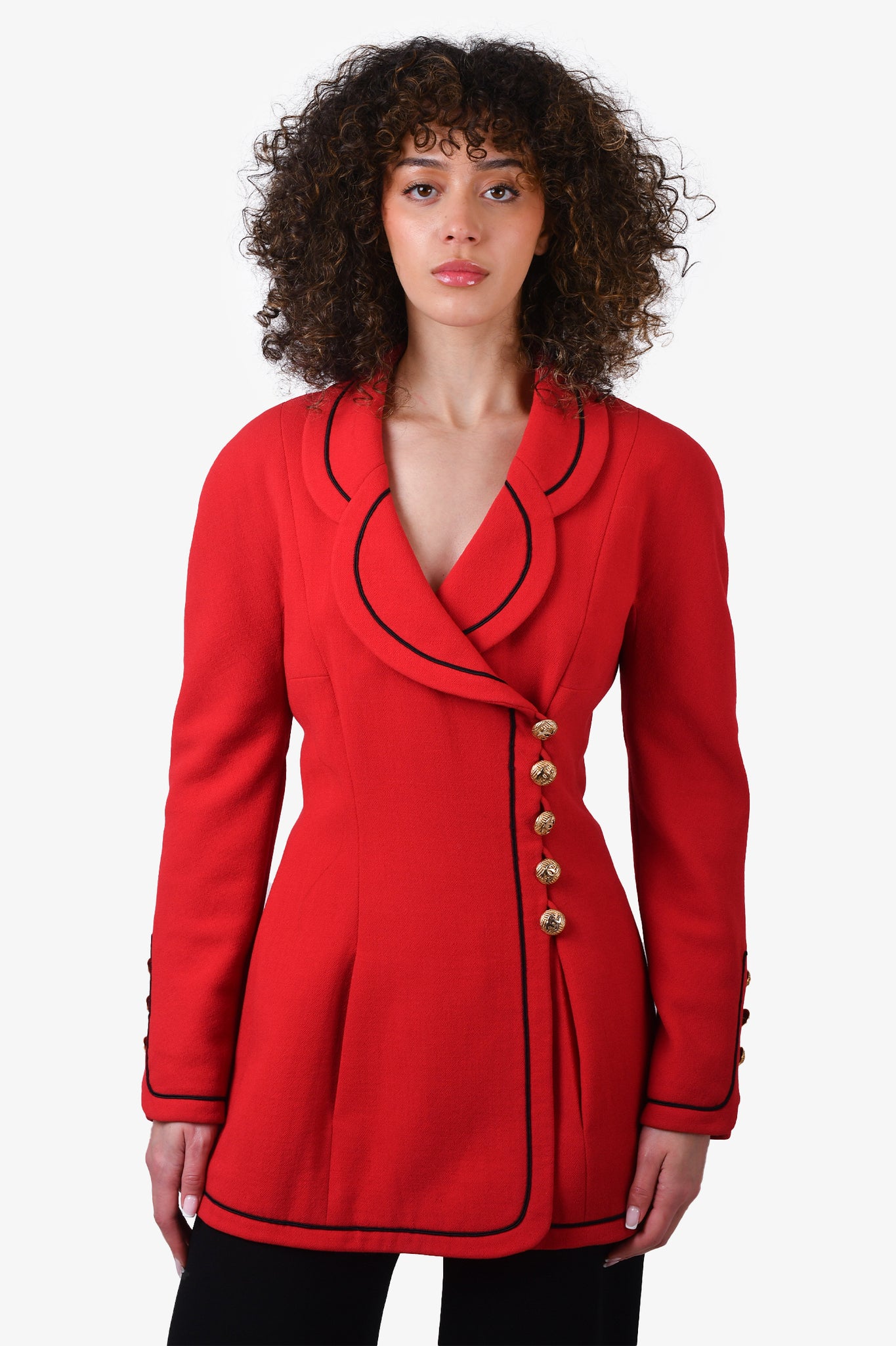 Chanel 1990 Red Scalloped Collar Double Breasted Blazer with Gold Buttons Size 38