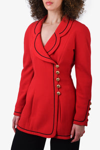 Chanel 1990 Red Scalloped Collar Double Breasted Blazer with Gold Buttons Size 38
