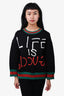 Gucci Black Metallic Hem Detail "Life Is Gucci" Printed Sweater Size M