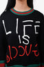Gucci Black Metallic Hem Detail "Life Is Gucci" Printed Sweater Size M