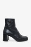 Prada Black Leather Triangle Logo Ankle Boots Size 38