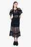 Self-Portrait Navy/Black Frill Shoulder Floral Lace Midi Dress size 4