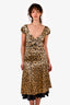 Cinq a Sept Beige/Black Leopard Printed Silk Cap-Sleeve Dress Size 2