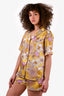 Sandro Yellow/Purple Floral Satin Button Down Top + Shorts Set Size XS