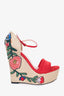 Gucci Red Suede Floral Embroidered Espadrille Wedge Size 39.5