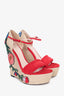 Gucci Red Suede Floral Embroidered Espadrille Wedge Size 39.5