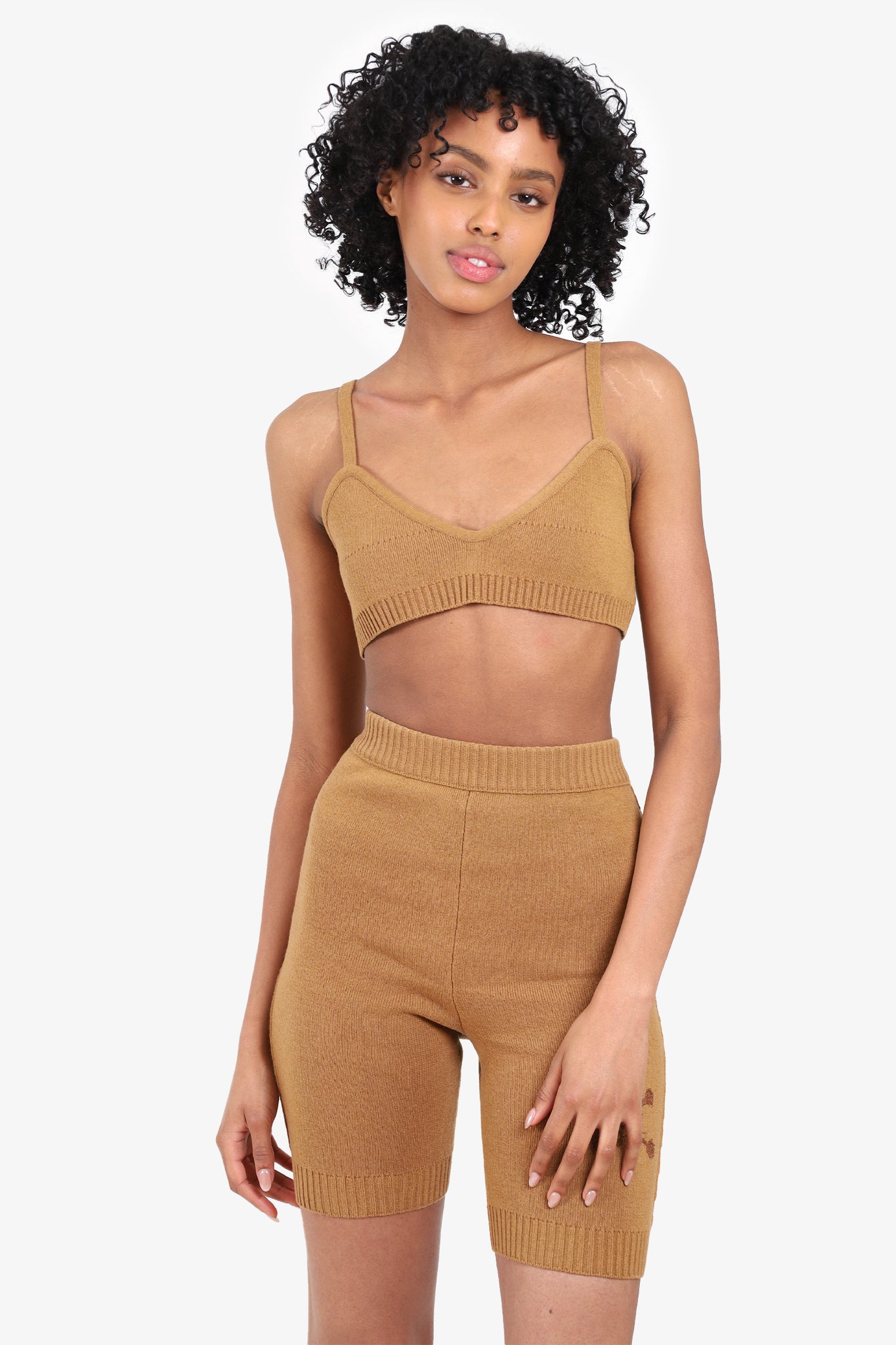 Off-White Tan Wool Knit Bra Top + Embroidered Bermuda Shorts Size