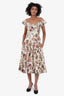 Ulla Johnson White/Pink Floral Ruffle Drop-Waist Midi Dress Size S