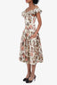 Ulla Johnson White/Pink Floral Ruffle Drop-Waist Midi Dress Size S