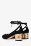 Aquazzura Black/Gold Suede Strappy Round Toe Block Heels Size 37