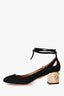 Aquazzura Black/Gold Suede Strappy Round Toe Block Heels Size 37