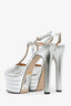 Gucci Silver Metallic Leather Platform T-Strap Heels Size 37.5