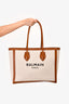 Balmain Beige Canvas Logo 'B-Army' Tote Bag with Brown Leather Trim