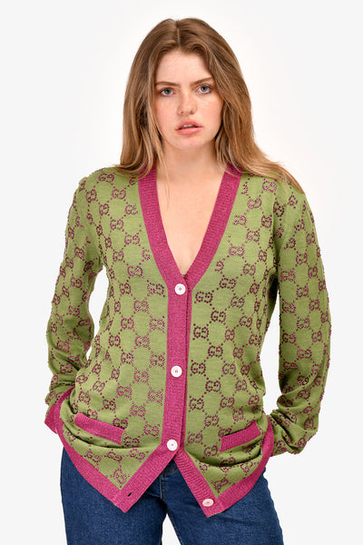 Gucci Green and Pink Wool Embellished GG Cardigan Size M – Mine