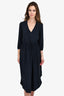 James Perse Navy Silk Cinch Waist V-Neck Midi Dress Size 1