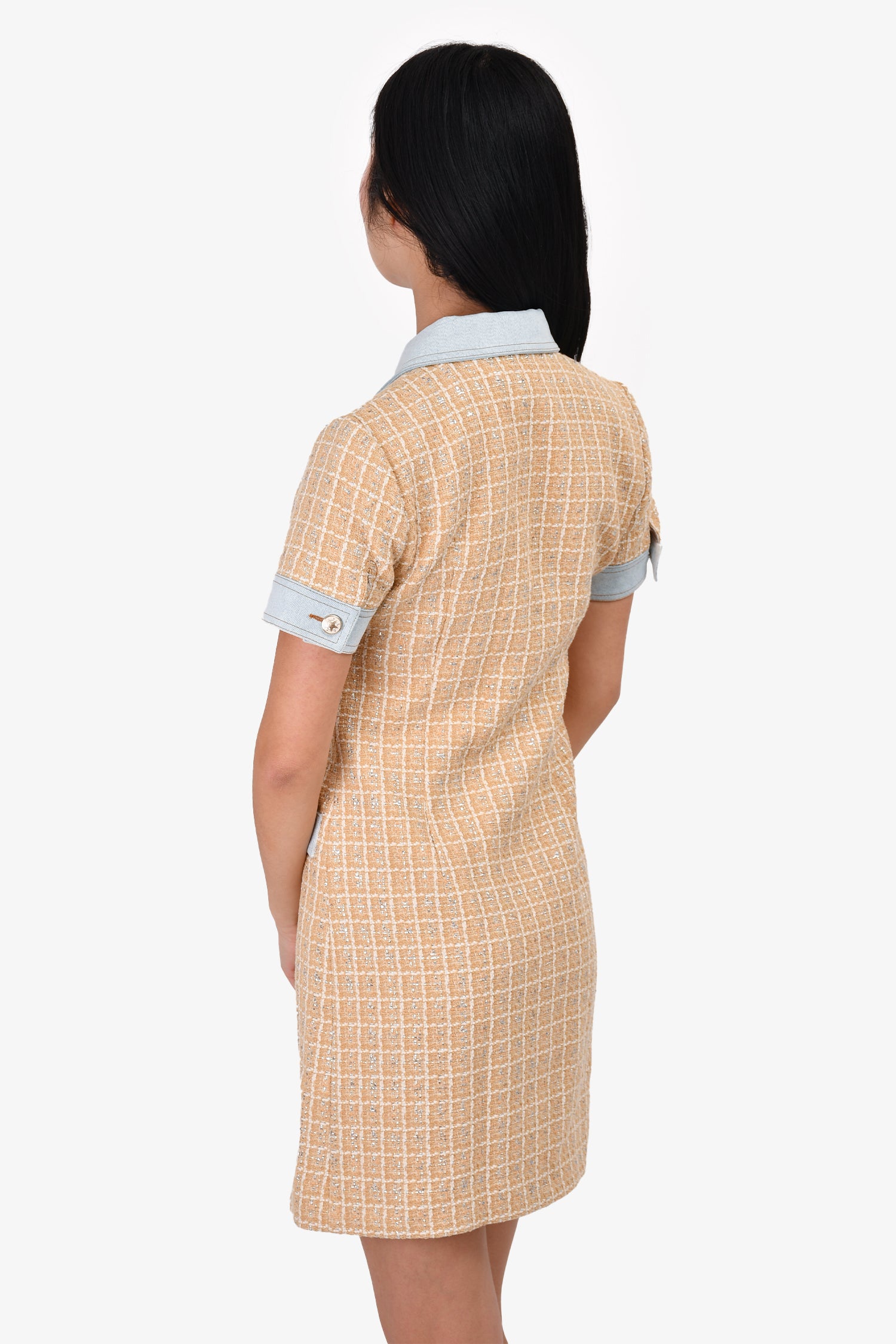 sandro denim tweed dress SANDRO - Denim-paneled tweed mini shirt dress
