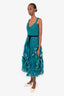 Marchesa Notte Blue/Black Tulle Ruffle Belted Midi Dress Size 4