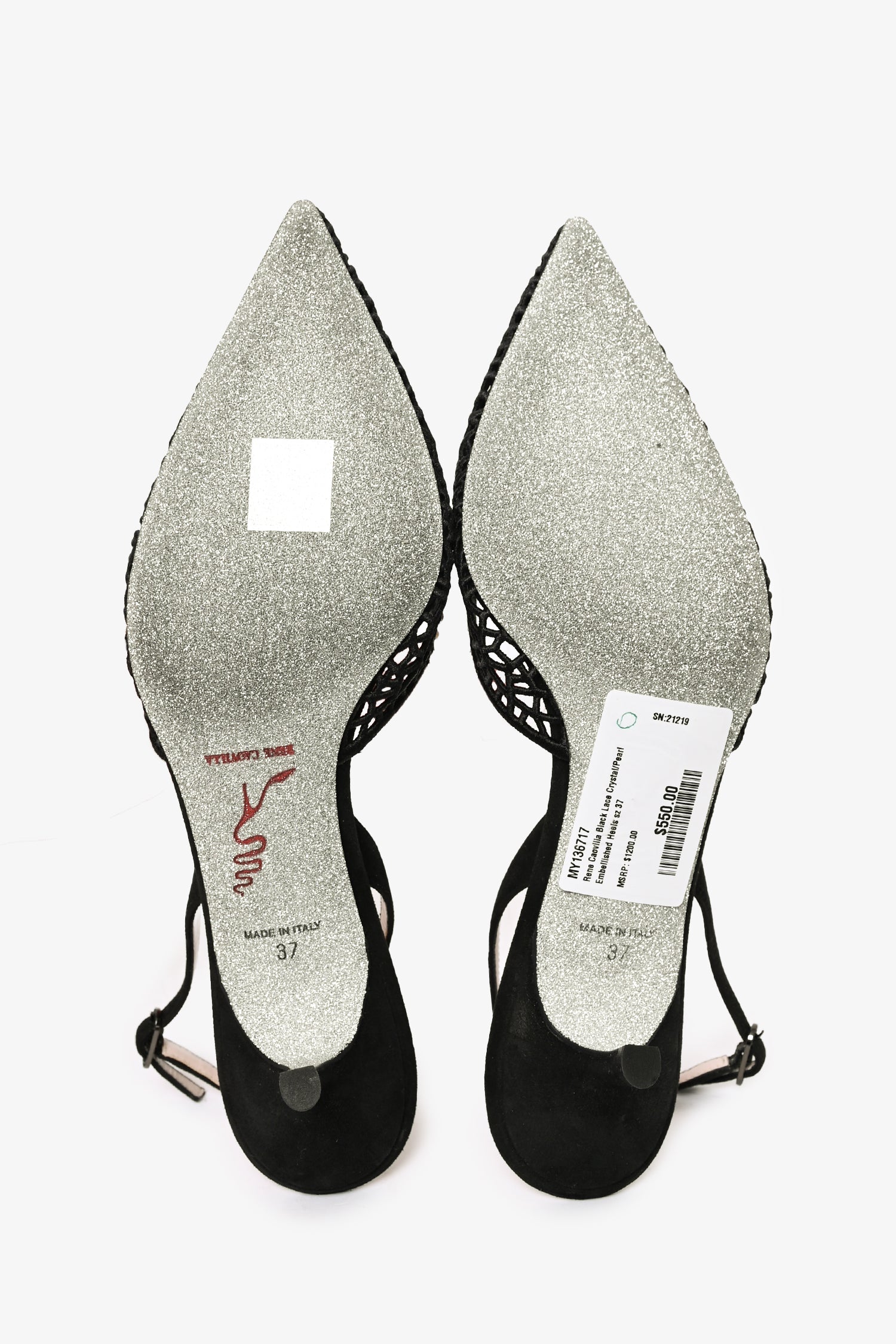 Rene Caovilla Black Lace Crystal/Pearl Embellished Heels Size 37