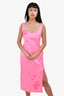 Blumarine Hot Pink Crinkled Satin Embroidered Slit Midi Dress Size 6