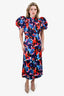 Ganni Blue/Red Floral Patterned Puff Sleeve Dress Size 6