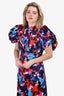 Ganni Blue/Red Floral Patterned Puff Sleeve Dress Size 6