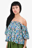 Ganni Blue Floral 3/4 Sleeve Square Neck Blouse Size 32