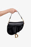 Christian Dior 2019 Black Leather Saddle Shoulder Bag with Burgundy Canvas Strap