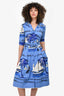Samantha Sung Blue Poplin Graphic 3/4 Sleeve Dress Size 6 With Belts